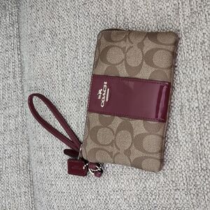 Coach Signature Wristlet in Brown and Burgundy